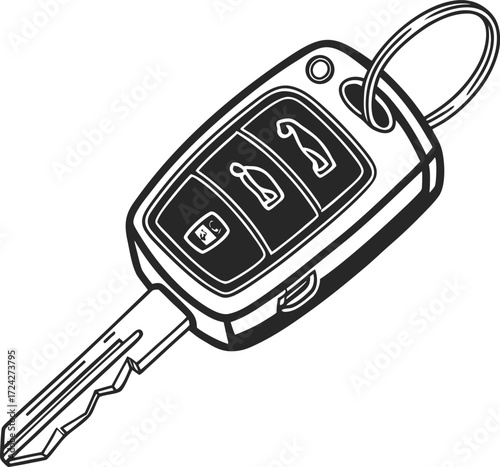 Modern car key with wireless remote buttons on a clean white background