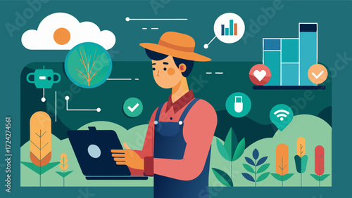 A farmer uses a virtual assistant powered by AI to track inventory levels manage equipment maintenance and monitor crop growth in realtime all from one platform.. Vector illustration