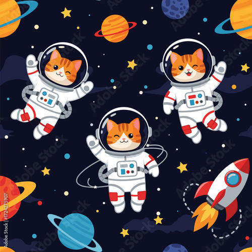 Three cute astronaut cats explore space with planets and a rocket Ideal for kids themes