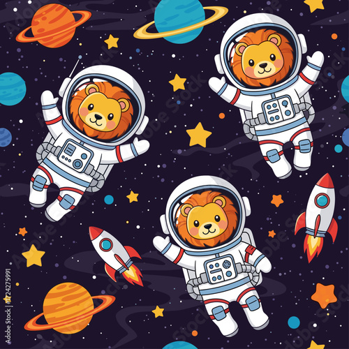 Adorable lion astronauts float among planets rockets and stars in a fun space adventure