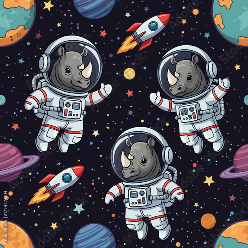 Adorable rhino astronauts float in cosmic space with planets and rockets Whimsical adventure for kids