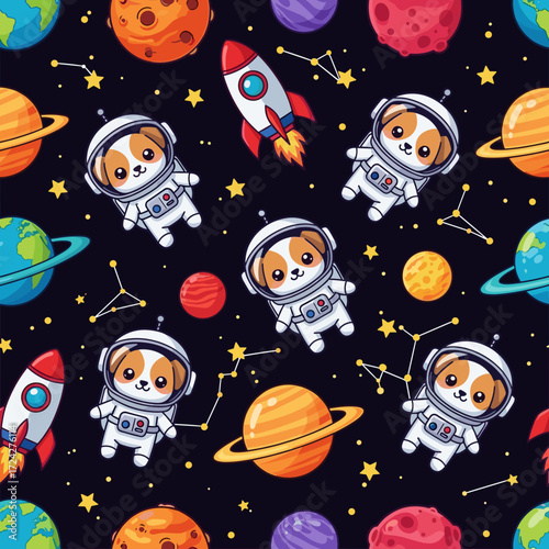 Cute astronaut dogs and colorful planets in a playful space pattern for kids designs