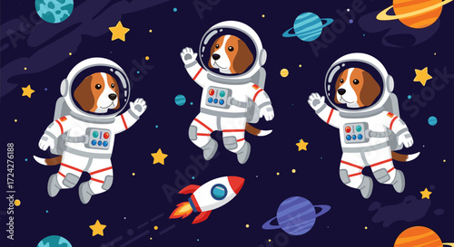 Cute dogs in astronaut suits float happily in vibrant outer space with planets stars and a rocket