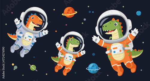 Cute cartoon dinosaurs in astronaut suits happily floating in space exploring planets Fun for kids