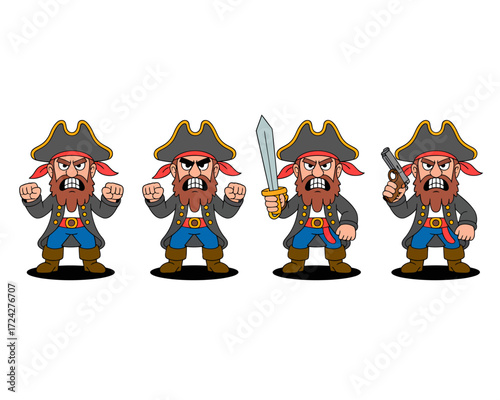 Four cartoon pirate characters with red beards and tricorn hats, in various poses holding a sword and a pistol.