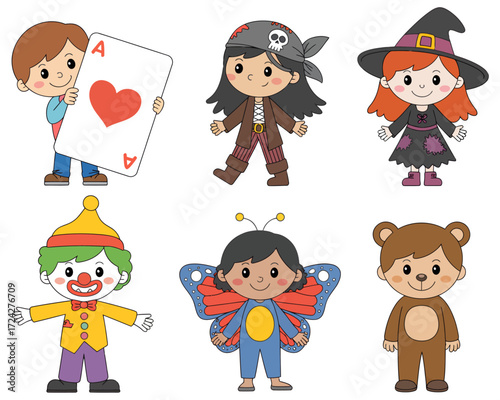 Illustration of six cartoon characters in various costumes, including a clown and a witch.