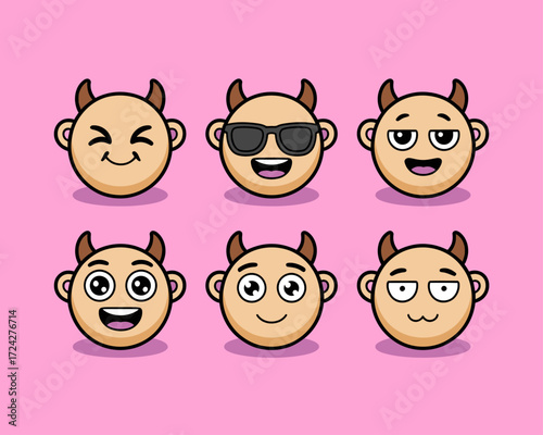 Six cartoon devil faces with different expressions on a pink background.