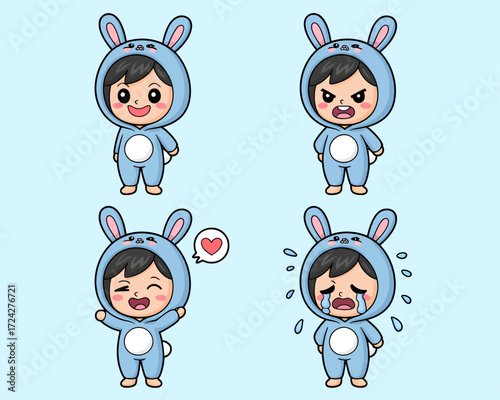 Cute cartoon bunny child in different emotions.