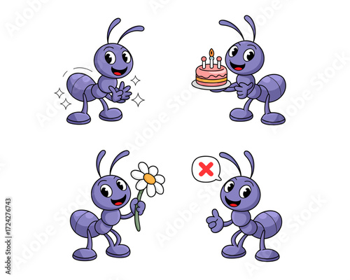 Four cartoon ants with different actions: clapping, holding cake, giving flower, and showing thumbs down.