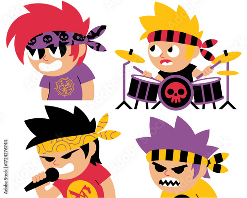 A vector illustration of a cartoon rock band with four energetic members, including a singer with a microphone and a drummer at his kit.