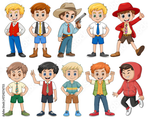Illustration of a group of cartoon boys in various outfits and poses, smiling and happy.