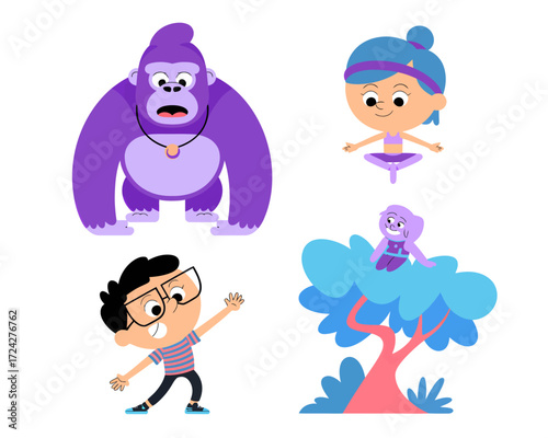 Cartoon characters: gorilla, girl, boy, and small creature in a tree.