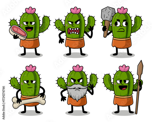 A set of six cartoon caveman cactus characters with various expressions and holding prehistoric tools like a spear, club, and bone.