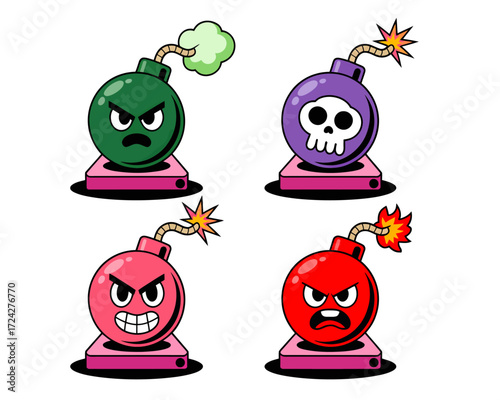 Four cartoon bombs with different angry facial expressions and colors, each on a pink platform.