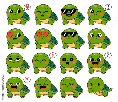 A collection of sixteen cute cartoon turtle emojis showing various emotions and expressions like love, happiness, and coolness.
