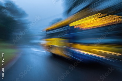 Blurred school bus on a rainy road at twilight