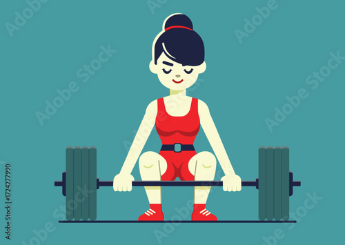Girl weightlifter preparing to lift barbell, vector illustration