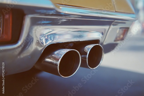 Close-up of chrome exhaust pipes on classic car