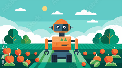 A farm robot guided by AI algorithms navigates through a field to selectively harvest ripe crops optimizing yield and minimizing waste.. Vector illustration