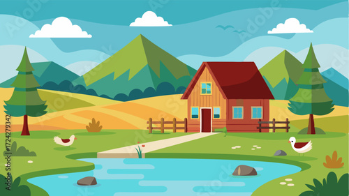 A traditional farmhouse sits at the edge of a crystalclear pond with ducks swimming and cows grazing nearby.