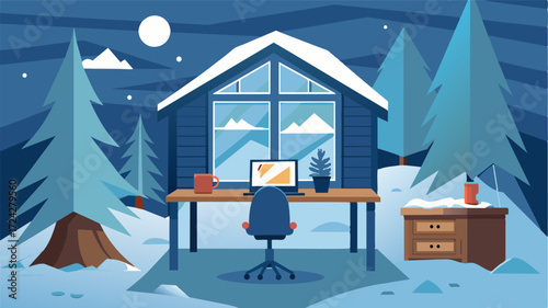 A quiet corner of a snowy cabin transformed into a makeshift desk and workspace for remote work efficiency.. Vector illustration