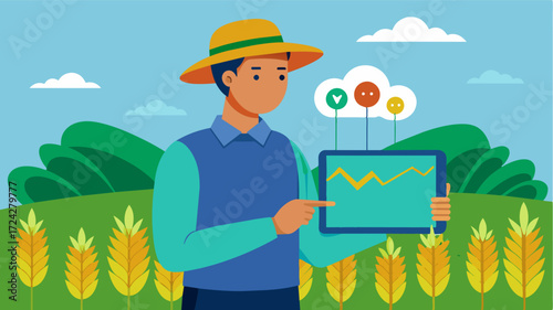 A farmer holds a tablet displaying a 3D simulation of their fields highlighting areas with different levels of crop stress. With the help of AIpowered simulation models they are. Vector illustration