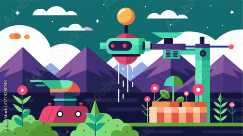A futuristic farm employs a fully automated system where AIdriven fertilization is just one aspect of a highly efficient and sustainable operation.. Vector illustration