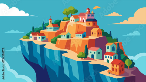 From the top of the cliff the town below looks like a miniature paradise. The colorful houses and winding streets seem to blend seamlessly into the surrounding nature creating a
