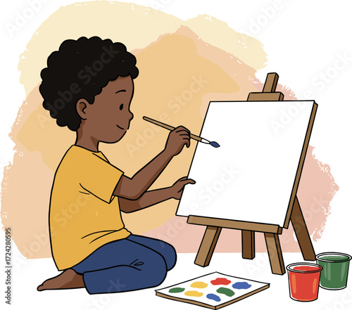 Young black boy painting on easel with colorful paints in creative space  