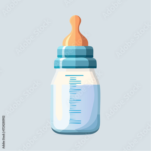 Baby Bottle with Milk, Blue and Orange Accents, Light Background