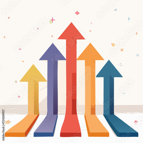 Five Colorful Arrows Pointing Upward Against a Beige Background