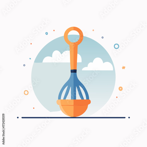 Orange and Blue Baby Rattle Toy on Cloudy Background