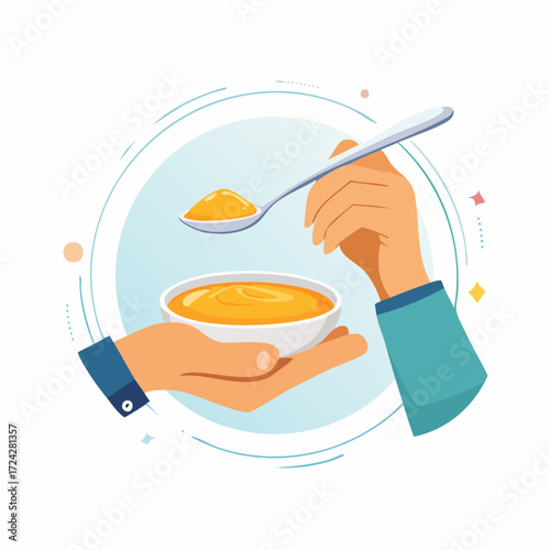Hands Feeding Baby Food: Yellow Puree in Bowl