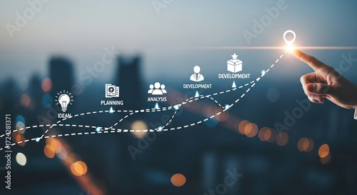 Creative idea generation for new product development concept Creative thinking and innovation Roadmap with stages of innovation icons