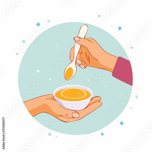 Hands Offering Food: A Spoonful of Yellow Puree