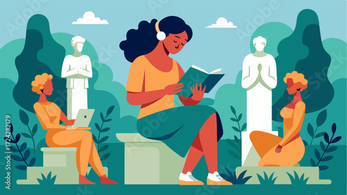A the garden of statues a woman sat on a bench engrossed in an audiobook on her ereader immersing herself in the tales of the mythical figures depicted in the carvings.. Vector illustration