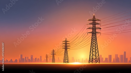 Power Lines Sunset: Energy, Cityscape, Infrastructure