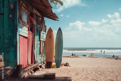 Colorful beach shack with surfboards