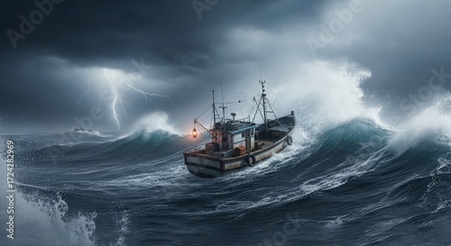 Fishing boat battling a fierce storm with massive waves and lightning strikes.