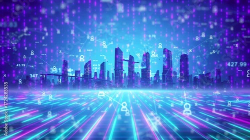 Seamless 4K animation of a high-tech city skyline overlaid with glowing data streams and code, perfect for tech, AI, or cyber themes.