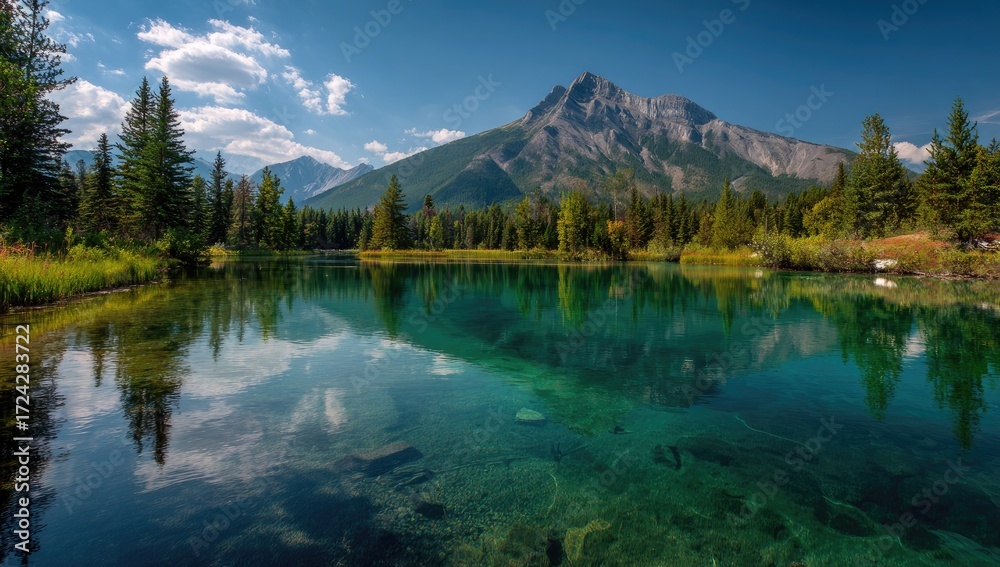 Fototapeta premium Serene mountain lake reflecting a sky of clouds