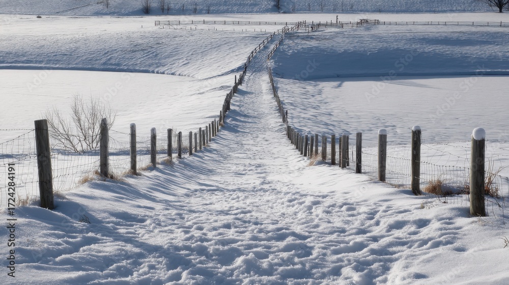 Obraz premium The Fenced Path Leading to a Frozen Pond