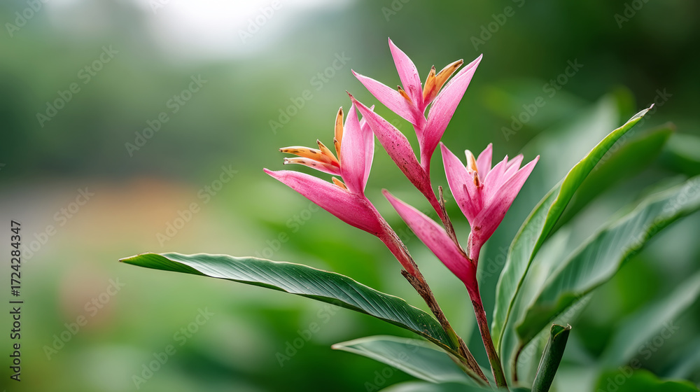 Fototapeta premium Vibrant pink heliconia flowers in lush greenery setting