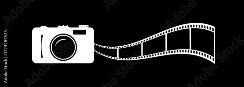 Photo camera icon with 5 frames fim reel vector design on black background. Analog retro camera to use for photography, photo frame, cinema, photography competition projects.