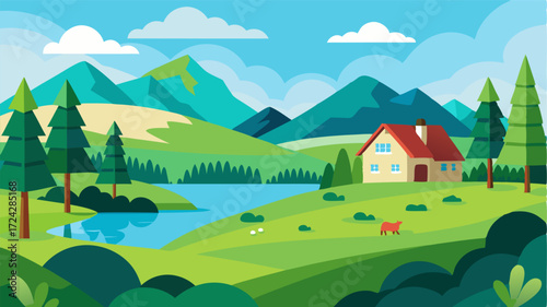 A tranquil lake nestled ast green meadows and towering trees with a farmhouse and grazing cows in the distance.