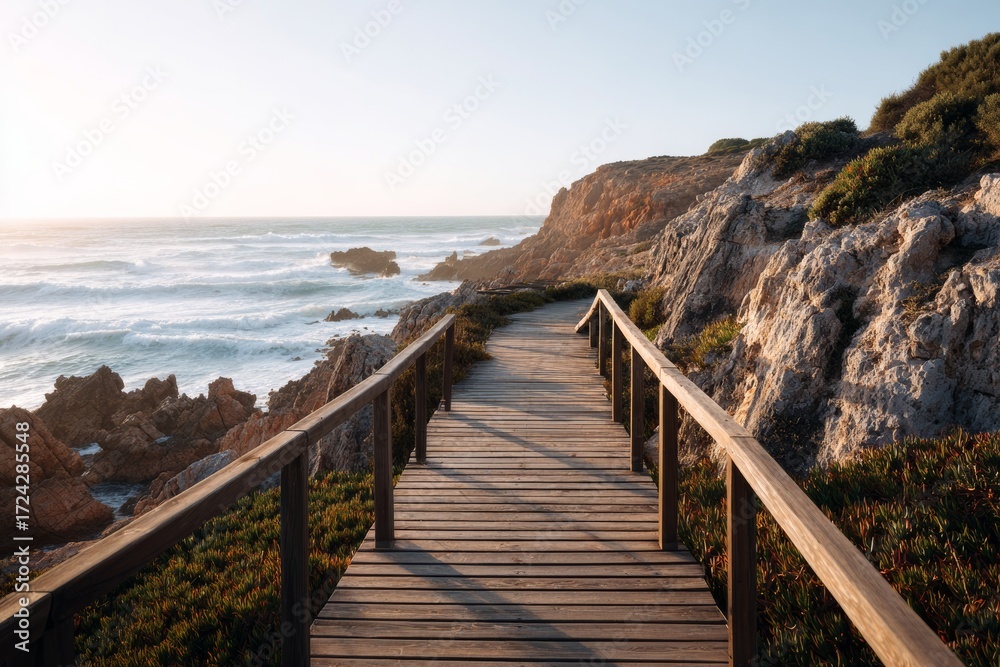 Obraz premium Panoramic sunset view of a wooden walkway leading to the ocean in Algarve, Portugal, overlooking rugged cliffs and lush vegetation, scenic coastal landscape, warm golden hour tones