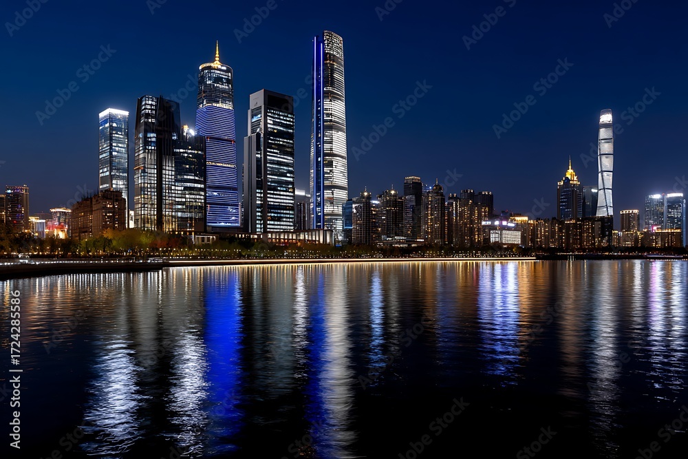 Obraz premium Night skyline of modern city with illuminated skyscrapers reflecting on water