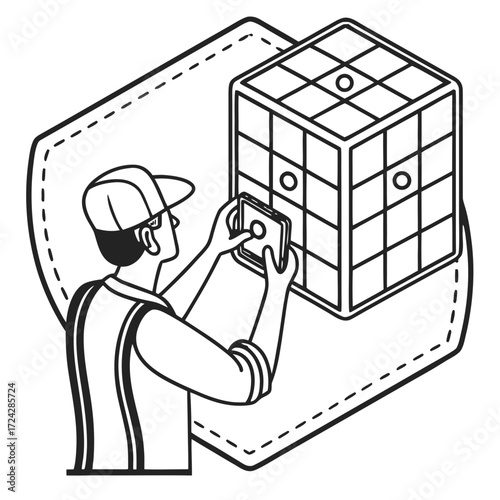 Man engrossed in solving a 3D cube puzzle with intense concentration, capturing the essence of deep focus and mental engagement in a line art illustration