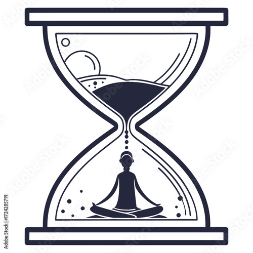 Symbolic icon of a figure meditating within an hourglass, a conceptual design representing mindfulness and finding balance in the passage of time