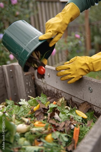 Recycling of organic waste. Close up of woman hands in rubber gloves throwing weeds and vegetable peelings, leftover food into compost pile in backyard. Compost used as fertilizer for plant growth